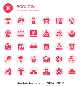 ecology icon set. Collection of 30 filled ecology icons included Palm tree, Earth, Reuse, Coal, Cartridge, Eco, Flowers, Waste, Flower, Green power, Recycle bin, Grass, Trash