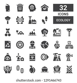 ecology icon set. Collection of 32 filled ecology icons included Windmill, Coal, Lemon, Footprint, Ecology, Nuclear plant, Waste, Eolical, Tesla, Earth globe, Earth, Electrician