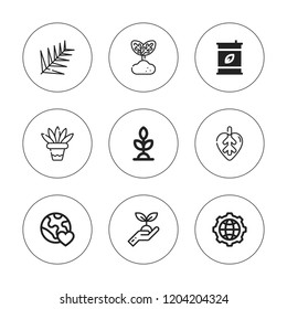 Ecology icon set. collection of 9 outline ecology icons with eco fuel, ecologism, global, leaf, planet earth, plant icons. editable icons.