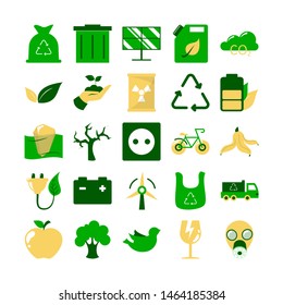 Ecology icon set. Collection of environment pictogram. Solar panel and plant, wind power. Idea of recycle and alternative energy. Isolated flat vector illustration
