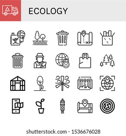 ecology icon set. Collection of Garbage, Save the planet, Tree, Trash, Map, Reuse, Delete, Gardener, Global, Plastic bag, Forest, Greenhouse, Wind turbine, Hydro power, Globe icons