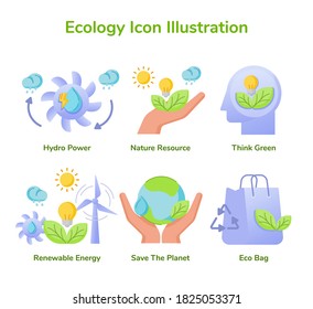 Ecology icon set collection hydro power nature resource think green renewable energy save planet eco bag white isolated background with flat style