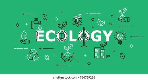 Ecology with Icon Set in Concept of Ecology and Green Energy . Flat Thin line designed vector illustration on white Background. Editable Stroke.