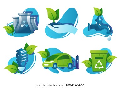 Conjunto de iconos de ecología. Apoyo y solución para el ahorro de conservación. Signo y símbolo de energía. Aislado sobre fondo blanco. Diseño plano de ilustración vectorial. Medio ambiente y concepto sostenible.