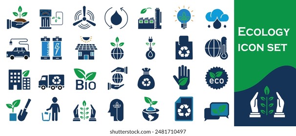 Ecology icon set. Contains environment, sustainability, nature, recycle, electric bk, friendly, forest, wind power, green symbols and beautiful icons.