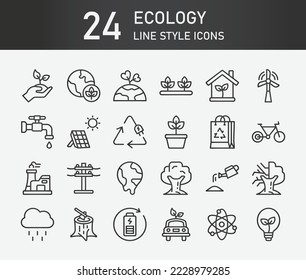 Conjunto de iconos de ecología. Colección de ecología diferente, Ecología en forma de contorno. Vector