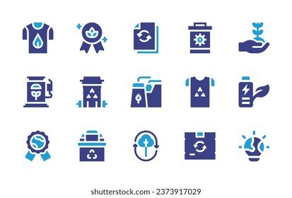 Ecology icon set. Duotone color. Vector illustration. Containing plant, eco battery, eco bulb, recycling, recycled paper, factory, biomass energy, tshirt, biofuel, badge, trash, container, clothing.