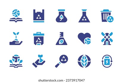 Ecology icon set. Duotone color. Vector illustration. Containing recyclable, flask, trash bin, heart, planting, green earth, recycle bin, windmill, battery, biology, recycle, book, plant.