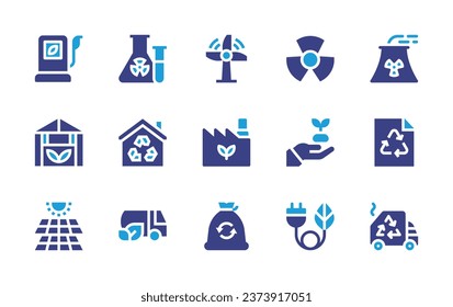 Ecology icon set. Duotone color. Vector illustration. Containing windmill, green factory, recycling, fuel, greenhouse, solar panel, tube, nuclear energy, home, growth, refuelling truck, plug, recycle.