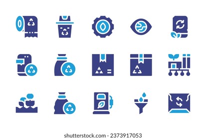 Ecology icon set. Duotone color. Vector illustration. Containing gear, recycle, gas station, eye, recycle bin, filter, tissue paper, garbage, recycling, farming, mobile phone, factory, reusable.