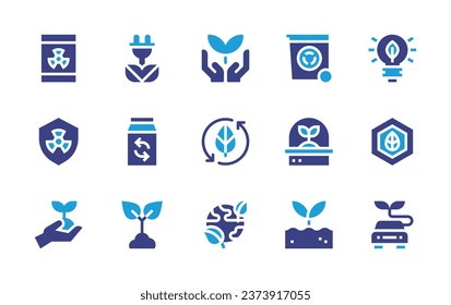 Ecology icon set. Duotone color. Vector illustration. Containing ecology, ecological, sustainable, plug, recycle bin, recycled, artificial atmosphere, sprout, light bulb, biotechnology, radioactive.