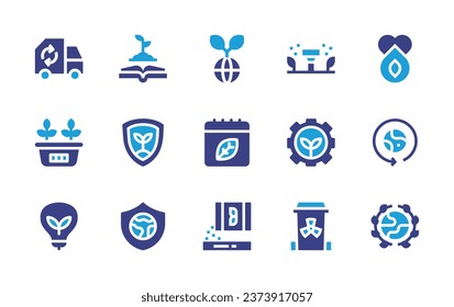 Ecology icon set. Duotone color. Vector illustration. Containing love, earth cycles, world, earth, calendar, bag, truck, plant pot, light bulb, book, sprinkler, shield, mother earth day, environment.