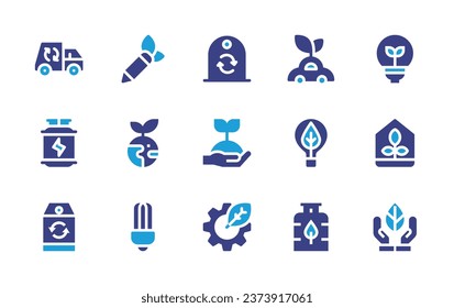 Ecology icon set. Duotone color. Vector illustration. Containing recycle bin, plant, green energy, recycling truck, hydrogen, recycling, pencil, car, earth, lamp, fuel, idea, greenhouse, save nature.