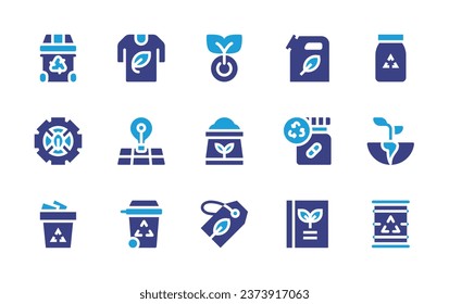 Ecology icon set. Duotone color. Vector illustration. Containing electricity, fertilizer, recycle, biofuel, drug, tshirt, book, recycle bin, solar energy, settings, recycling, glass, grow up.