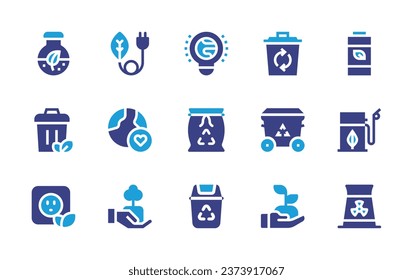 Ecology icon set. Duotone color. Vector illustration. Containing light bulb, sack, recycle bin, recycle, green energy, sprout, biomass, earth, garbage can, protect, plug, battery, biodiesel, nuclear.