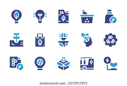 Ecology icon set. Duotone color. Vector illustration. Containing gasoline, light bulb, box, recycling, ecologist, idea, green factory, innovation, recycle bag, plant a tree, light, beewax paper.