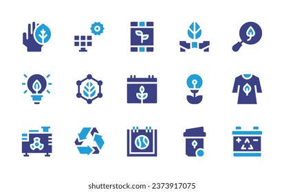 Ecology icon set. Duotone color. Vector illustration. Containing fertilizer, calendar, earth day, natural product, light, electric generator, solar panel, scooter, leaf, recycle, dumpster, search.