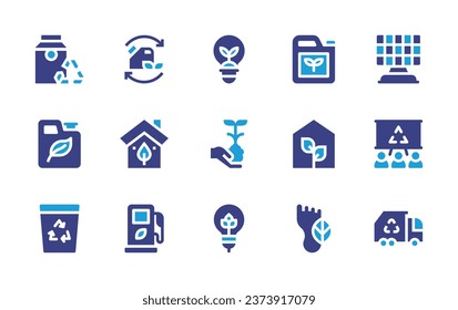 Ecology icon set. Duotone color. Vector illustration. Containing ecology and environment, ecology, recycling, fuel, recycle bin, renewable energy, biofuel, sustainable, greenhouse, station, carbon.
