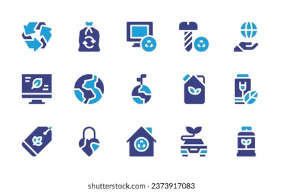 Ecology icon set. Duotone color. Vector illustration. Containing recycling, earth, fuel, recycle, hybrid car, leaf, protect, tag, world, battery, biogas.