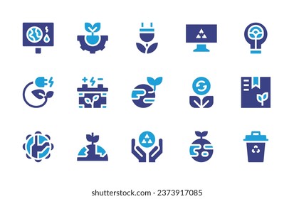 Ecology icon set. Duotone color. Vector illustration. Containing electricity, globe, recycling bin, computer monitor, recycling, engineering, green earth, banner, accumulator, green energy, planet.