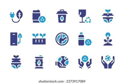 Ecology icon set. Duotone color. Vector illustration. Containing bin, ozone layer, environment, glass, recycling, green energy, geothermal energy, smartphone, barrel, cellphone, book, bio energy.