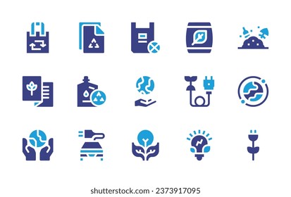 Ecology icon set. Duotone color. Vector illustration. Containing plastic bag, planet earth, light bulb, compost, green energy, recycled paper, recycled bag, recycle, brochure, electric vehicle, world.