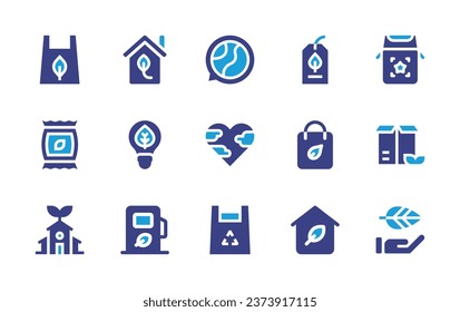 Ecology icon set. Duotone color. Vector illustration. Containing eco packaging, eco house, tag, eco, bag, ecology, fuel, packaging, package.