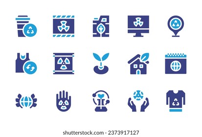 Ecology icon set. Duotone color. Vector illustration. Containing biofuel, sprout, flask, nuclear energy, nuclear, oil barrel, greenhouse, pin, earth day, paper cup, shirt, recycle, world.