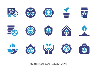 Ecology icon set. Duotone color. Vector illustration. Containing gear, shield, sprout, radiation, plant, plug, farm, nuclear, soil, radioactive, ecosystem.