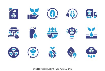 Ecology icon set. Duotone color. Vector illustration. Containing environment, trees, earth, plant, renewable energy, carbon footprint, innovation, recycle, leaf, garbage, growing plant, radiactive.