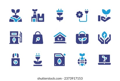 Ecology icon set. Duotone color. Vector illustration. Containing eco, eco house, eco fuel, friendly, bag, factory, bio energy, energy, ecology.