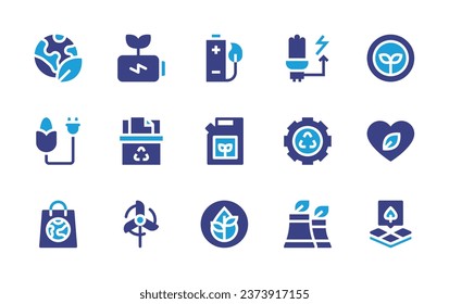 Ecology icon set. Duotone color. Vector illustration. Containing battery, saving, recycling, windmill, factory, jerrycan, planet earth, bio energy, shopping bag, hypoallergenic, growth, leaf.