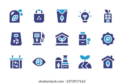 Ecology icon set. Duotone color. Vector illustration. Containing building, gear, green power, home, eco packaging, house, eco bag, eco light, ecological,  battery, eco factory, ecology.