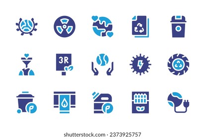 Ecology icon set. Duotone color. Vector illustration. Containing eco packaging, solar energy, earth day, earth, garbage, filter, world, recycling, trash, biofuel, unplug, recycled paper, radiation.