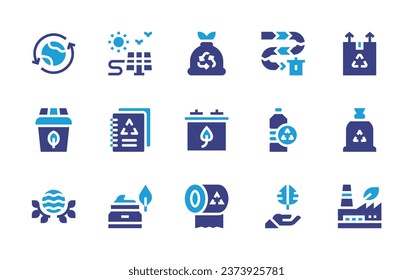 Ecology icon set. Duotone color. Vector illustration. Containing reduce, battery, tissue paper, solar energy, flow, recovery, recycle, water bottle, garbage bag, cosmetics, leaf, factory, compost.