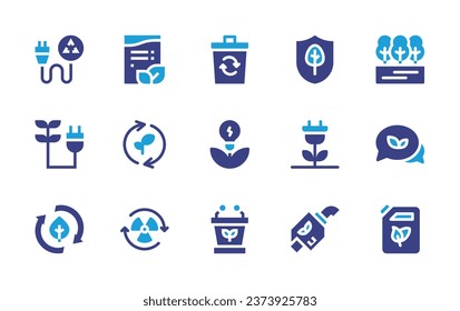 Ecology icon set. Duotone color. Vector illustration. Containing recycling bin, bio energy, responsible, invoice, environment, forest, leaves, renewable energy, conversation, reuse, biofuel, organic.
