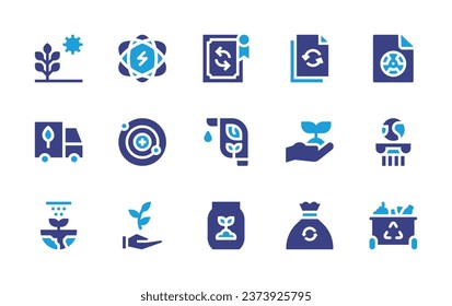 Ecology icon set. Duotone color. Vector illustration. Containing recyclable, biofuel, fertilizer, file, sprout, nuclear energy, garbage bag, photosynthesis, neutron, truck, plant, watering, nuclear.