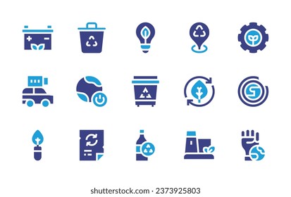 Ecology icon set. Duotone color. Vector illustration. Containing light bulb, recycle bin, glass bottle, bin, location pin, cogwheel, turn off, leaf, ozone layer, paper, recycling plant, mother earth.