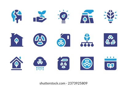 Ecology icon set. Duotone color. Vector illustration. Containing eco light, global warming, green house, sprout, cooling tower, radioactive, biotechnology, acid rain, nuclear energy, oil, gasoline.