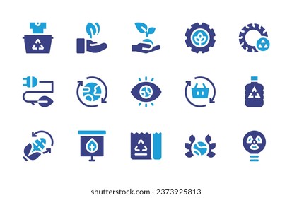 Ecology icon set. Duotone color. Vector illustration. Containing sprout, eye, paper bag, hand, sustainability, tyre, renewable, consumption, recycle bottle, presentation, world, nuclear, clothing.