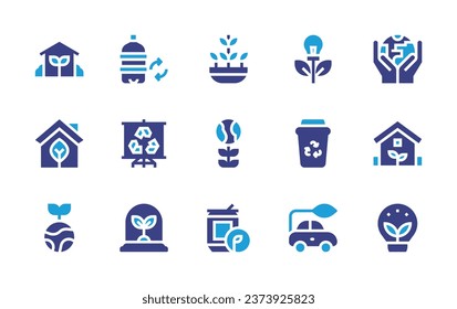 Ecology icon set. Duotone color. Vector illustration. Containing eco, earth, ecology, eco house, plant, world, tin, biodegradable, presentation, green energy, trash, sprout, electric car.