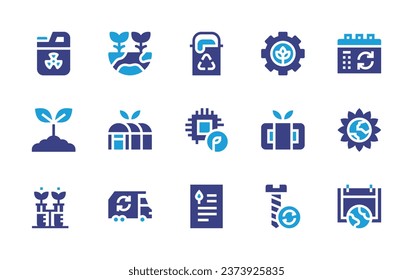 Ecology icon set. Duotone color. Vector illustration. Containing radioactive, sprout, chemical, mother earth day, earth day, hazardous, electronic, investigation, plants, gear, vegan agriculture, soap