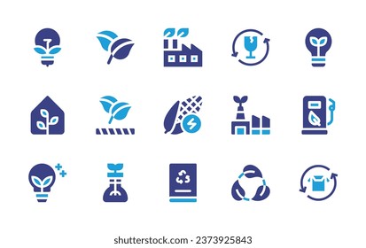 Ecology icon set. Duotone color. Vector illustration. Containing ecology and environment, eco friendly, ecological, bioenergy, factory, bulb, greenhouse, bio energy, fuel station, green innovation.