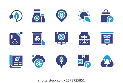 Ecology icon set. Duotone color. Vector illustration. Containing plug, billboard, healthy, nuclear plant, sun, waste, sprout, radiation, cardboard, shopping bag, fair trade, recycling, energy saving.