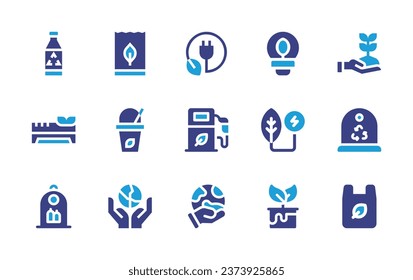 Ecology icon set. Duotone color. Vector illustration. Containing eco packaging, ecology, ecological, eco, green energy, glass container, hand, plastic bag, light, energy, dye.