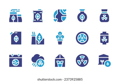 Ecology icon set. Duotone color. Vector illustration. Containing love, plant, greenhouse, barrel, biology, cooling tower, nuclear energy, acid rain, nuclear, garbage, battery, humidity, nuclear power.