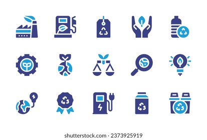 Ecology icon set. Duotone color. Vector illustration. Containing recycle, law, charging station, biofuel, leaf, plastic, globe, search, idea, badge, recycled, sustainable factory, green energy, energy