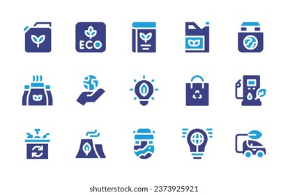 Ecology icon set. Duotone color. Vector illustration. Containing packaging, energy, friendly, ecology, factory, bag, eco, fuel, organic, eco car.