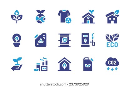 Ecology icon set. Duotone color. Vector illustration. Containing co emission, organic, lightbulb, sustainability, clothes, fuel, house, ecology, factory,  product.