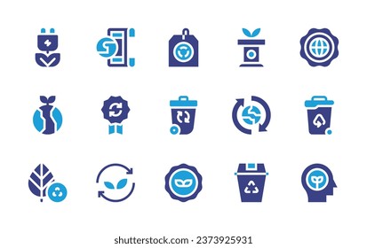 Ecology icon set. Duotone color. Vector illustration. Containing label, recycling bin, bio, agreement, politics, badge, medal, environment protection, trash, leaf, waste bin, awareness, green energy.